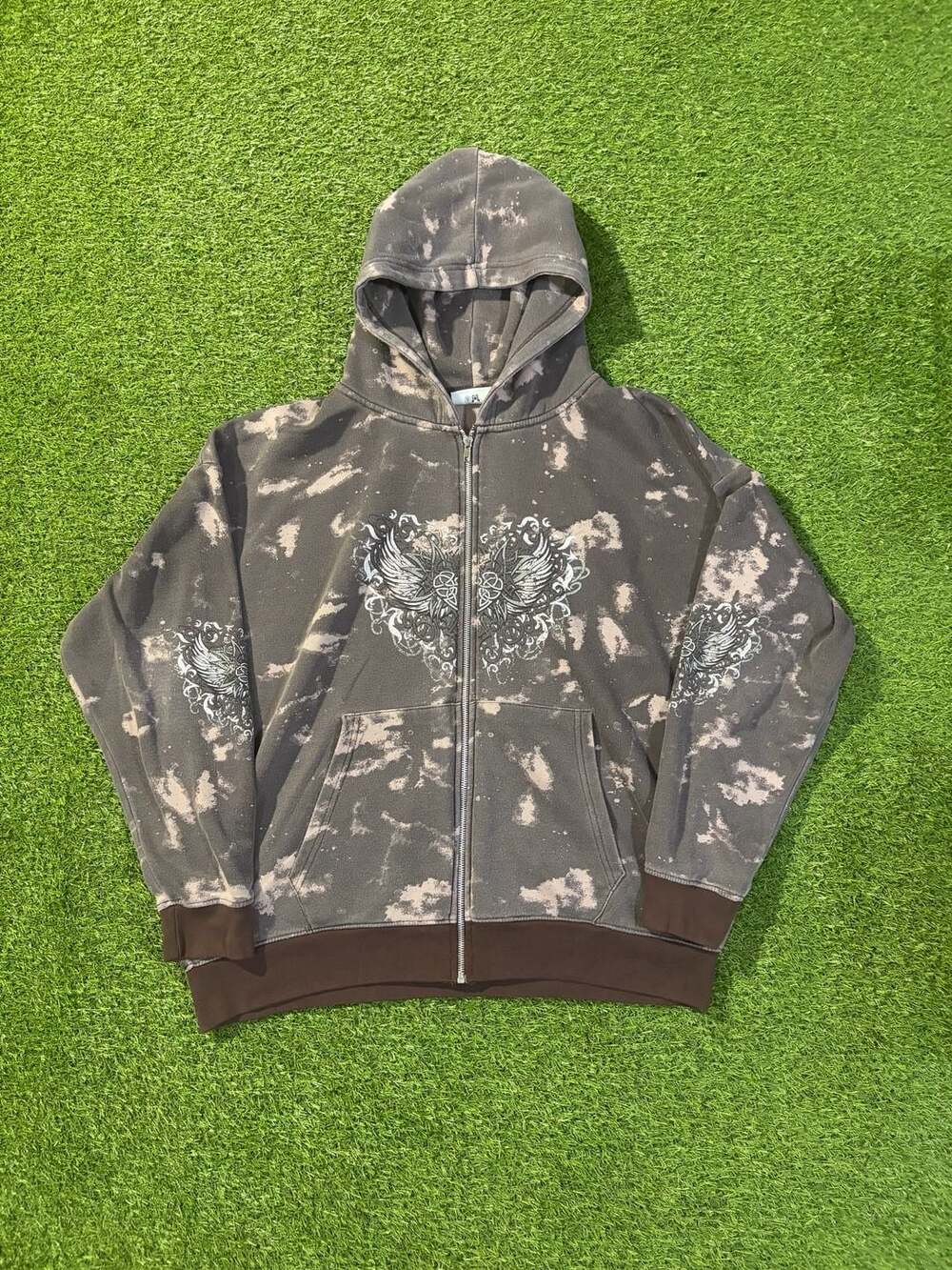 Daisy Street Grunge Acid Wash Zip-Up Hoodie with Wing and Filigree Graphic